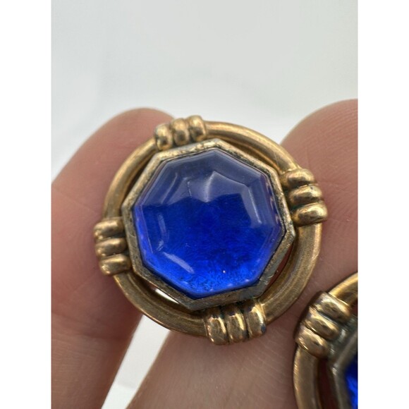 Vintage Blue Glass Cabochon Gold Plated Cuff Links by Hadley - Picture 4 of 6